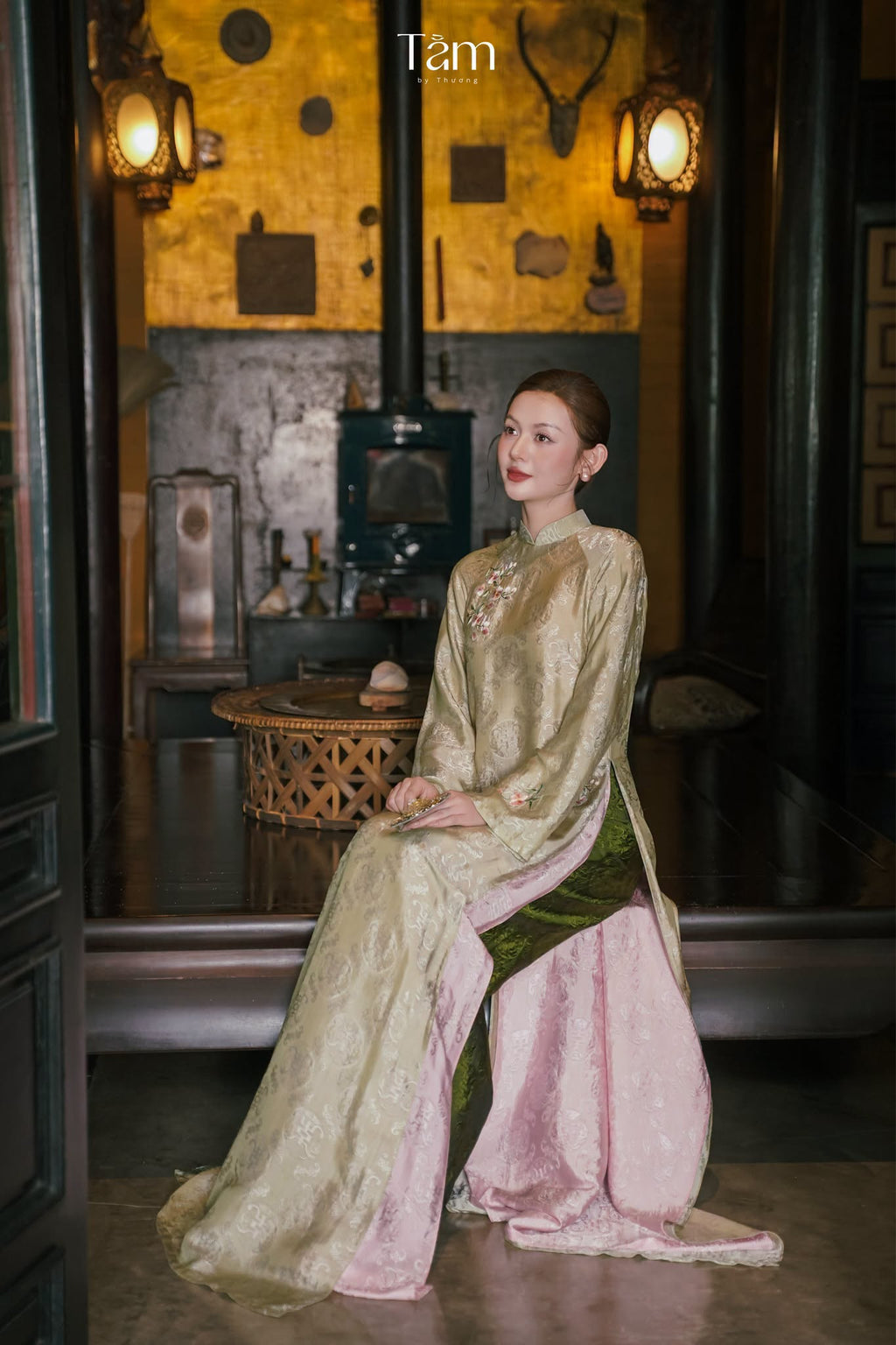 “Lam Uyen” Wedding Áo Dài Set – Layered Worm Silk in Moss Jade & Champagne