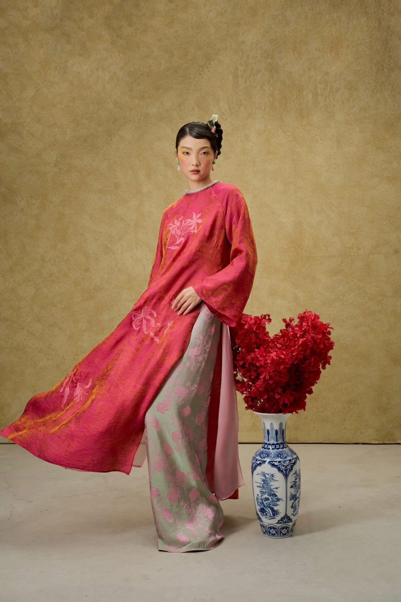 Vietnamese Ao Dai - Luu Ly Ao Dai Set - Hangzhou Tencel Silk with Embroidery in Orange Red - front view in pink by SY Design
