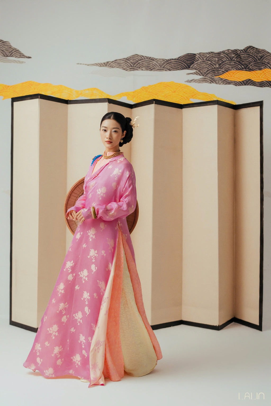 Cam Giao Ao-dai Set – Luxury Double-layer Hand-Embroidered WormSilk in Pink [Wedding Collection] by Lo Boutique - close-up of premium wormsilk fabric and artisan craftsmanship, premium Vietnamese wormsilk clothing