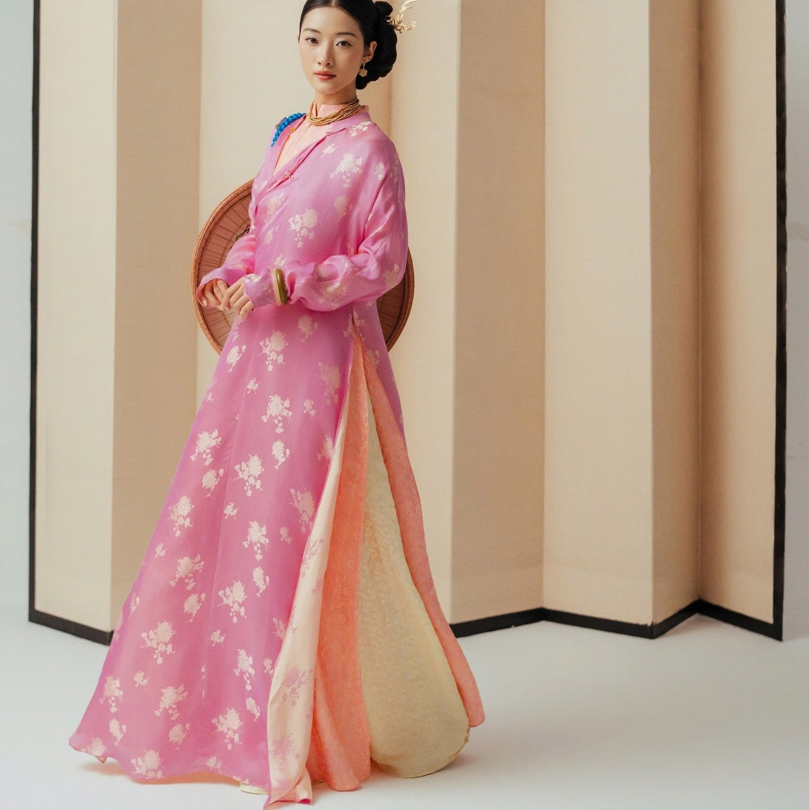 Cam Giao Ao-dai Set – Luxury Double-layer Hand-Embroidered WormSilk in Pink [Wedding Collection] - front view by Lalin