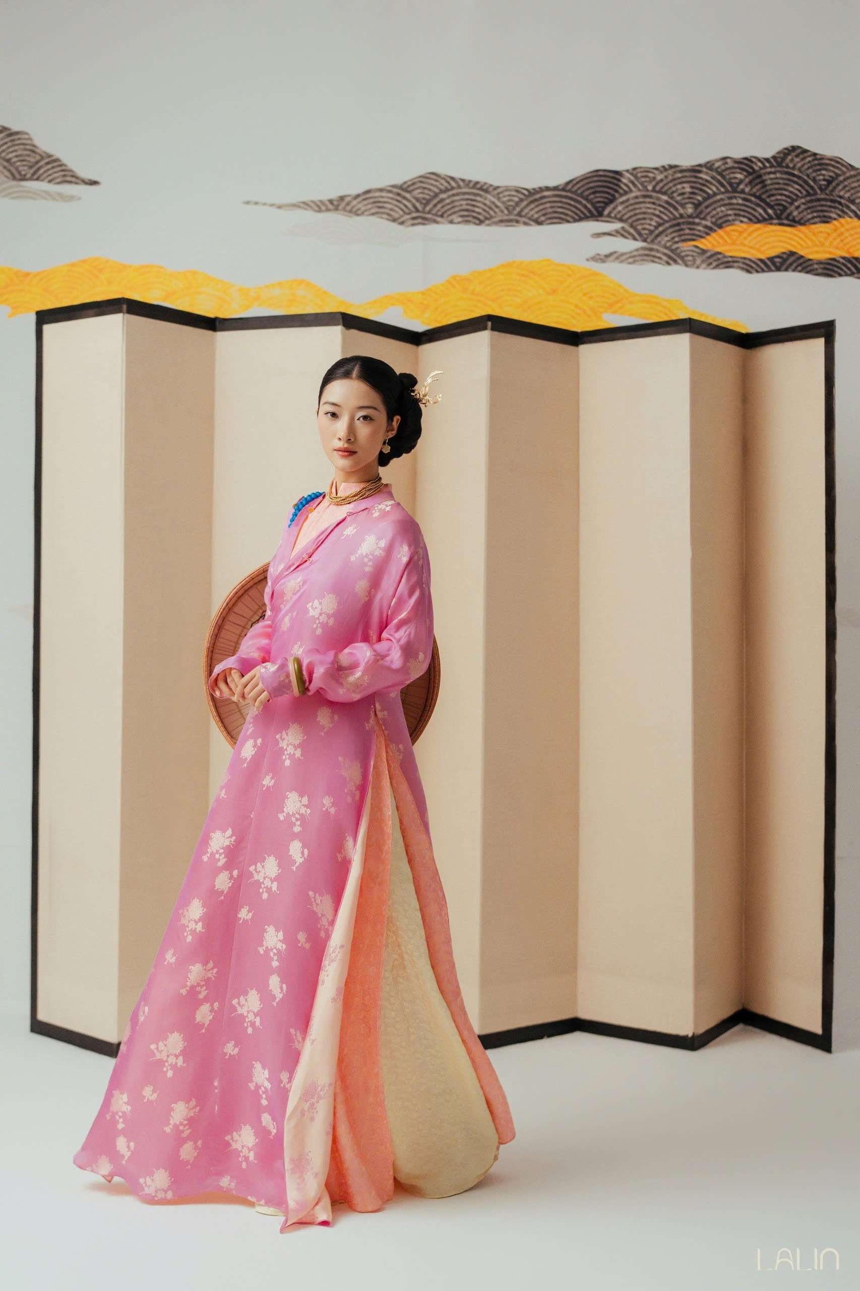 Cam Giao Ao-dai Set – Luxury Double-layer Hand-Embroidered WormSilk in Pink [Wedding Collection] by Lo Boutique - close-up of premium wormsilk fabric and artisan craftsmanship, premium Vietnamese wormsilk clothing