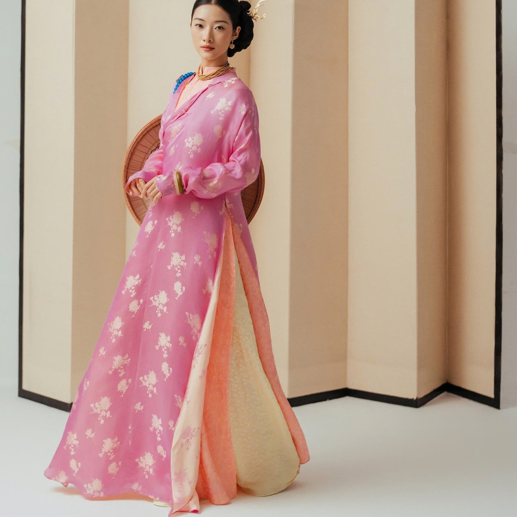 Cam Giao Ao-dai Set – Luxury Double-layer Hand-Embroidered WormSilk in Pink [Wedding Collection] by Lo Boutique - close-up of premium wormsilk fabric and artisan craftsmanship, premium Vietnamese wormsilk clothing