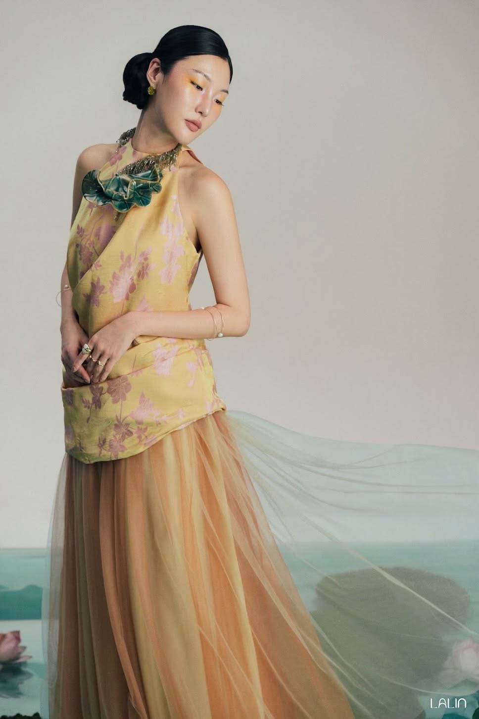“Lien Kim” Halter-neck top – Soft Brocade Silk in Marigold