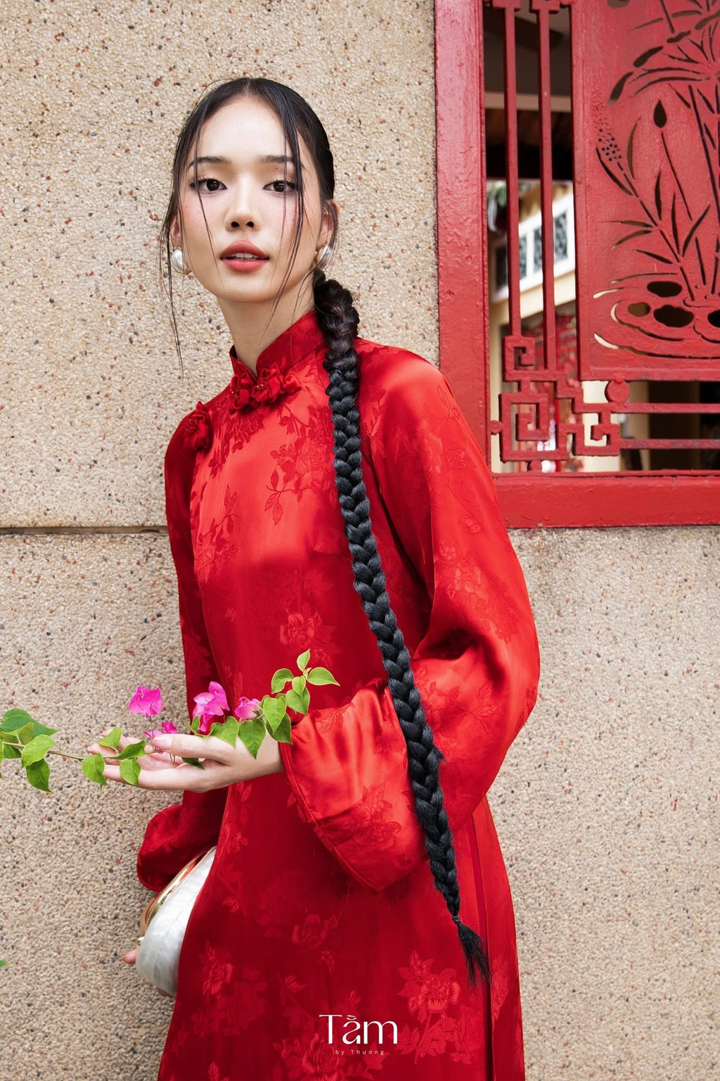 Vietnamese Ao Dai - Luu Ly Ao-dai Set - Embellished Hangzhou silk - front view in red by Tam