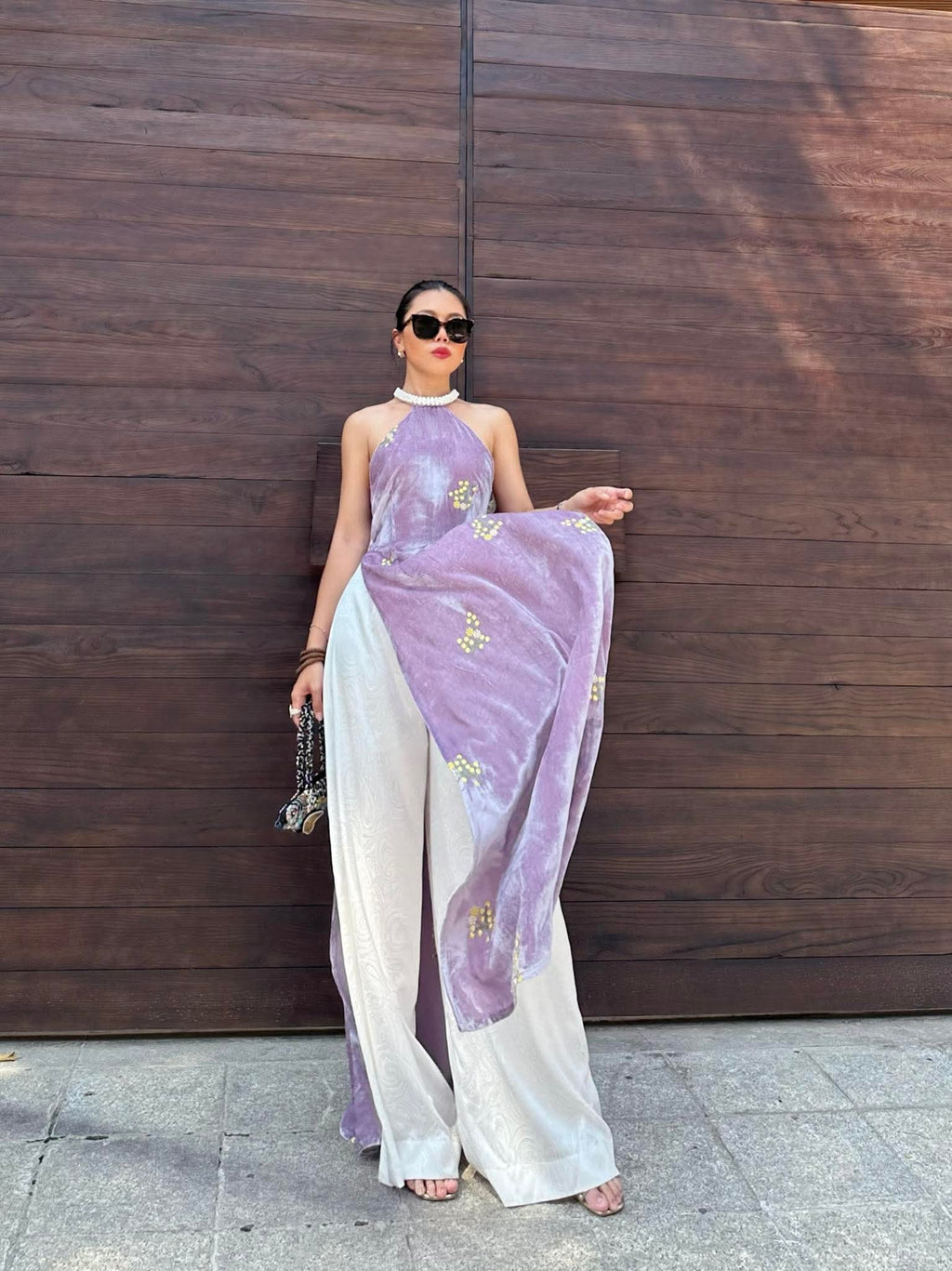 Velvet Blush Ao Dài Set - Halter Neck with pearl embellishments and embroidery - front view by Saang