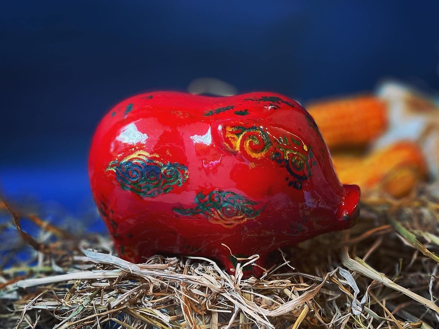 Vietnamese Lacquer - Ceramic Piggy in Lacquer - front view in red by Lam Phong Pottery