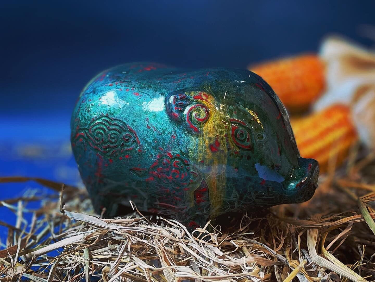 Vietnamese Lacquer - Ceramic Piggy in Lacquer - front view in blue by Lam Phong Pottery