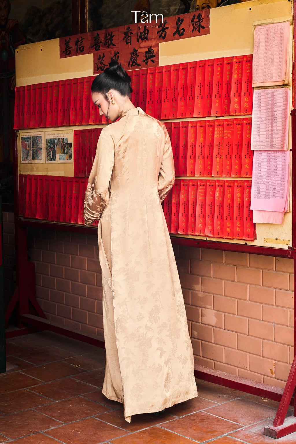 Vietnamese Ao Dai - Phuong Luu Ao-dai Set - Pleated Sleeve in Hangzhou silk in Antique Sand Brown - back view in beige by Tam