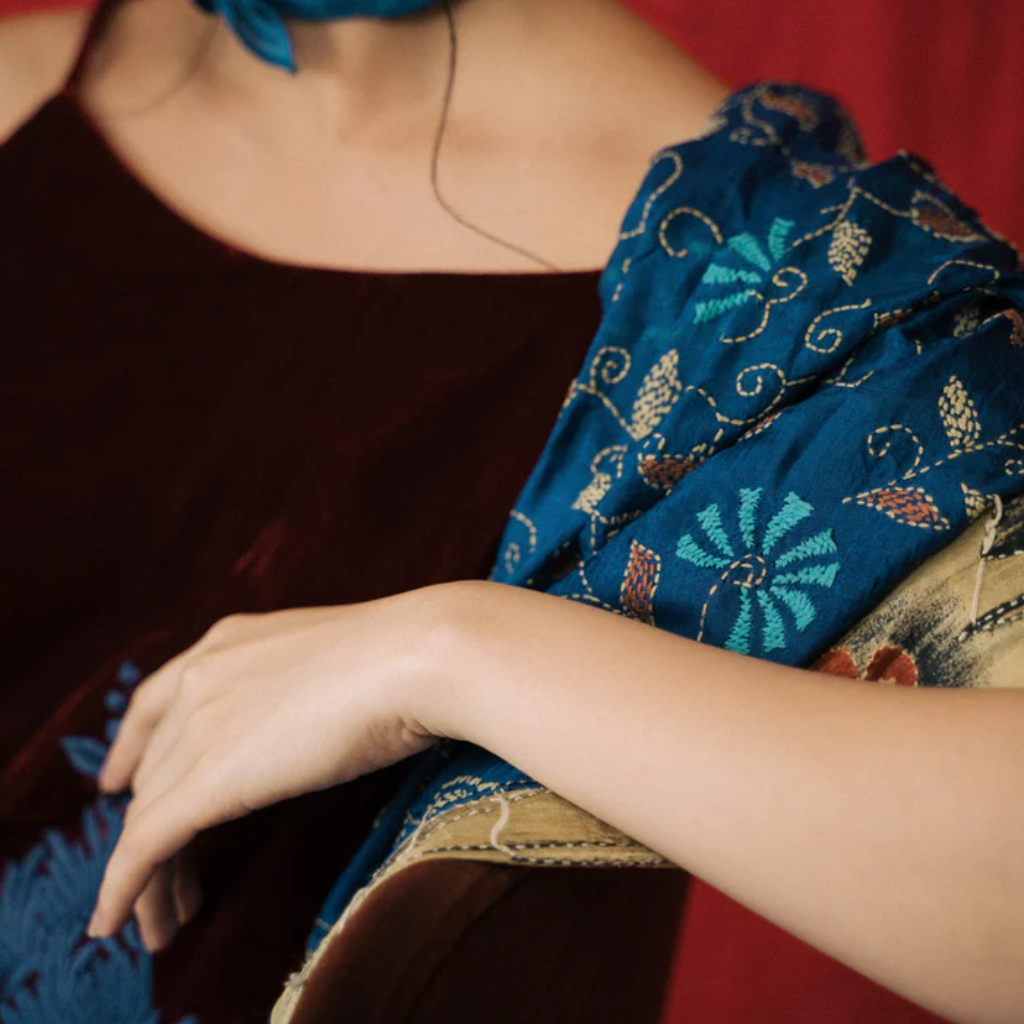 Vietnamese Embroidery - Rumi - Embroidered Suede dress - detail close-up in silk in blue by Huulala