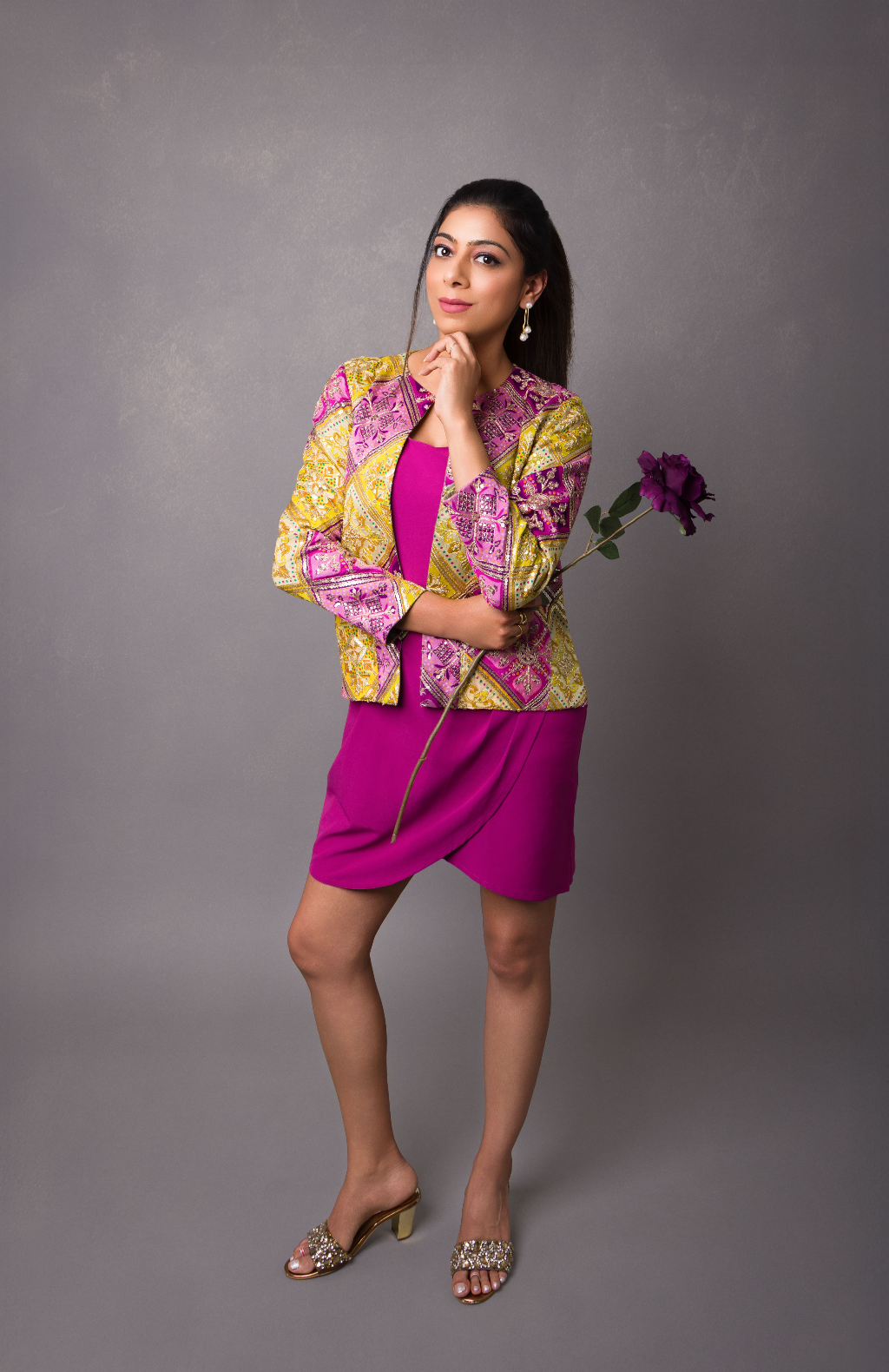 Surya - Heritage Geometric Silk Jacket in Golden Fuchsia - three-quarter angle by Indian Heritage
