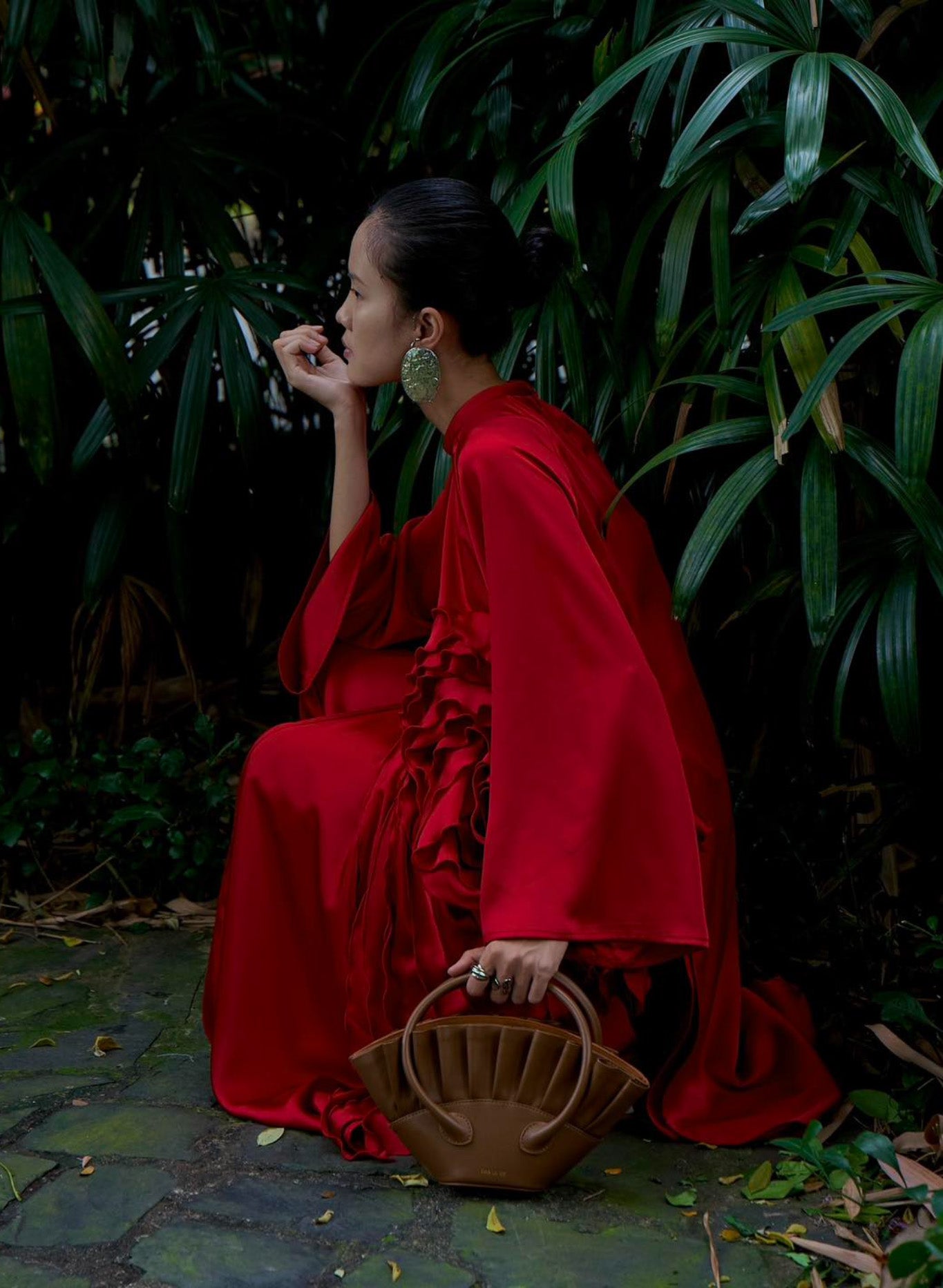 Vietnamese Ao Dai - Crimson Bloom - Limited Edition Silk Ao Dai Set - side profile in red by Das Levine