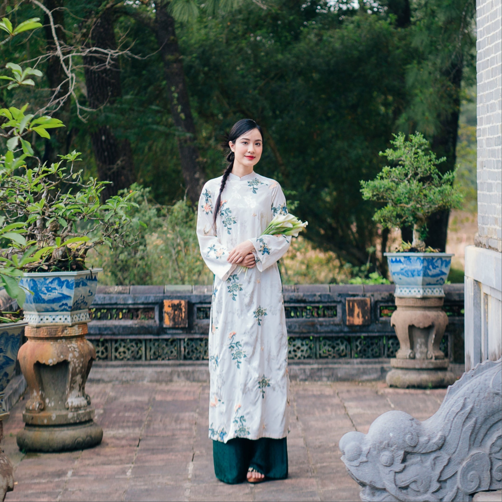 Vietnamese Ao Dai - Chau Hoa Ao Dai set - Embroidered Flowers on viscose - front view in silk in white by Moc