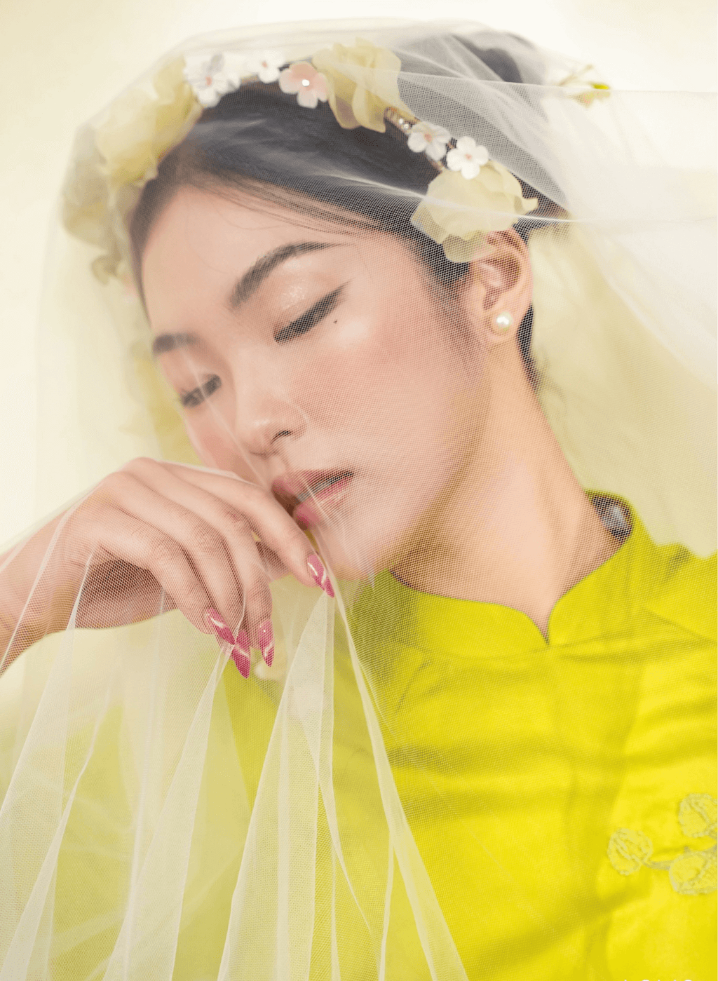 "Uyen Lan Embellished Ao Dai Set in Neon Green silk with floral design, traditional Vietnamese attire by Lalin."