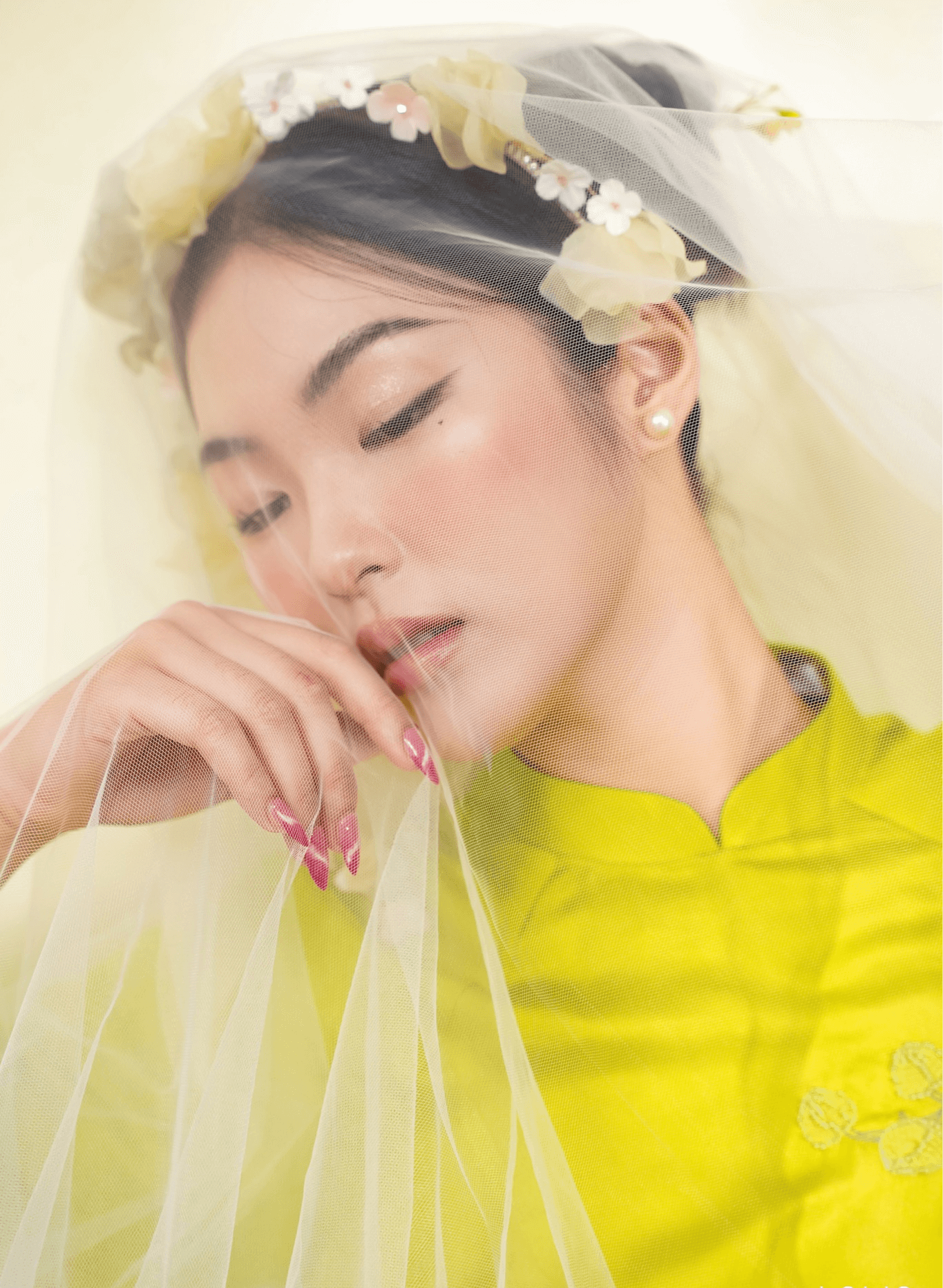Vietnamese Embroidery - Uyen Lan Embellised Ao Dai Set in Neon Green - detail close-up in organza in yellow by Lalin
