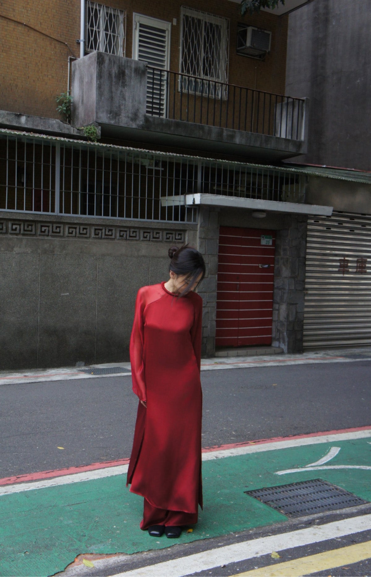 Vietnamese Ao Dai - Tinh Hop - Asymmetric Ao Dai Set in Silk & Oganza in Crimson - front view in red by UoM