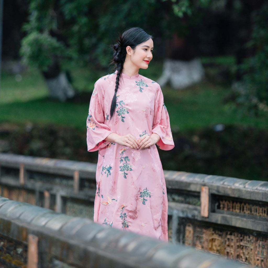Vietnamese Ao Dai - Chau Hoa Ao Dai set - Embroidered Flowers on viscose - front view in silk in pink by Moc