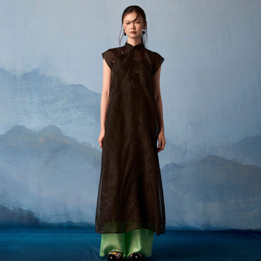 "Bich Lien" Sleeveless Silk Áo Dài Set in Noir Black Green pants