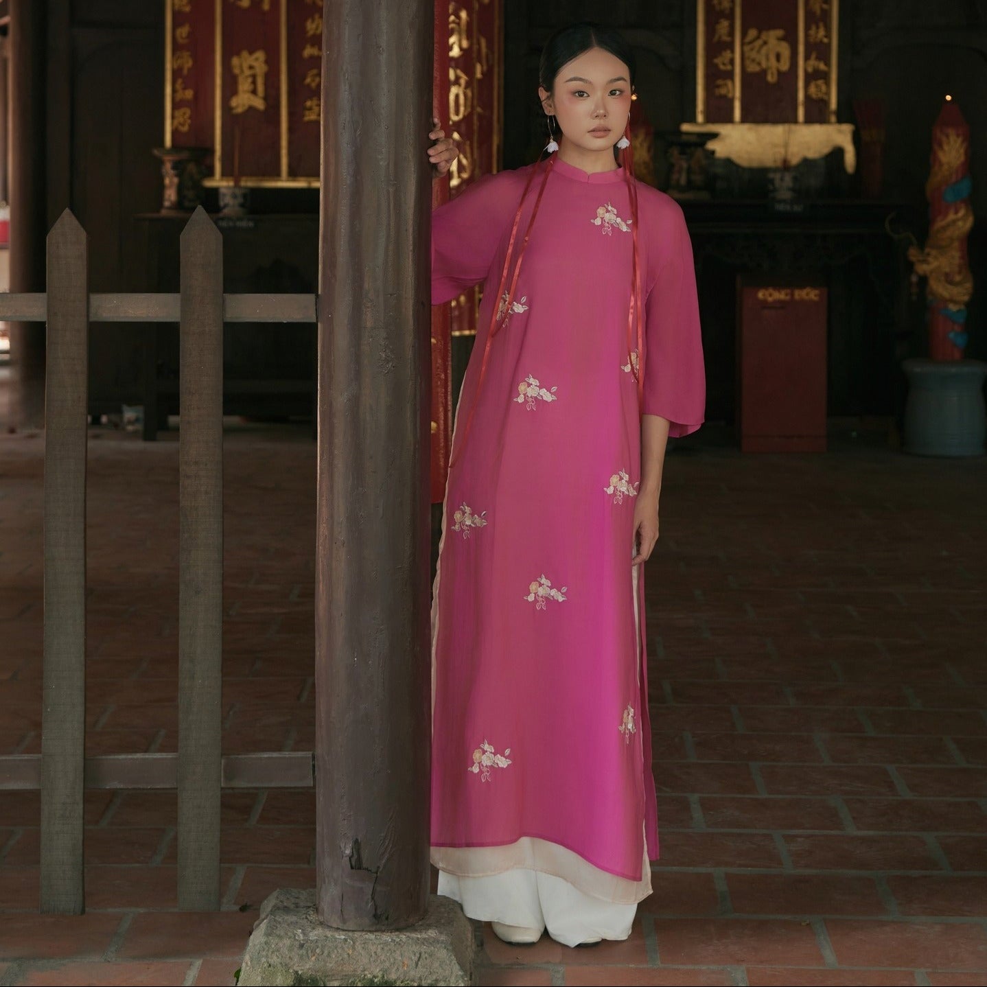 Vietnamese Ao Dai - Kha Ai Ao Dai Set - Chiffon in Pink [Modern cut] - front view in silk in pink by Moc