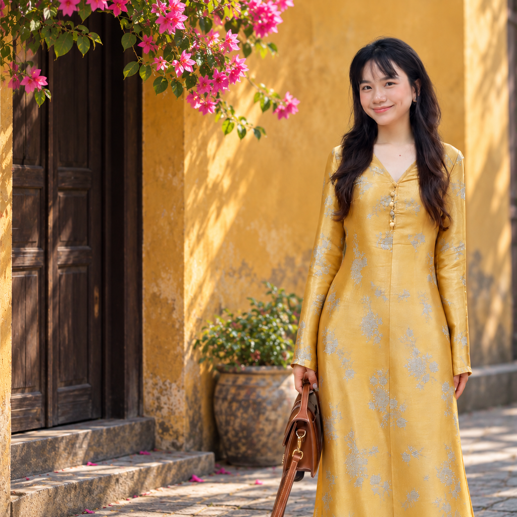 “Tu Nghi” Dress – Reversed Wormsilk Satin in Antique Gold