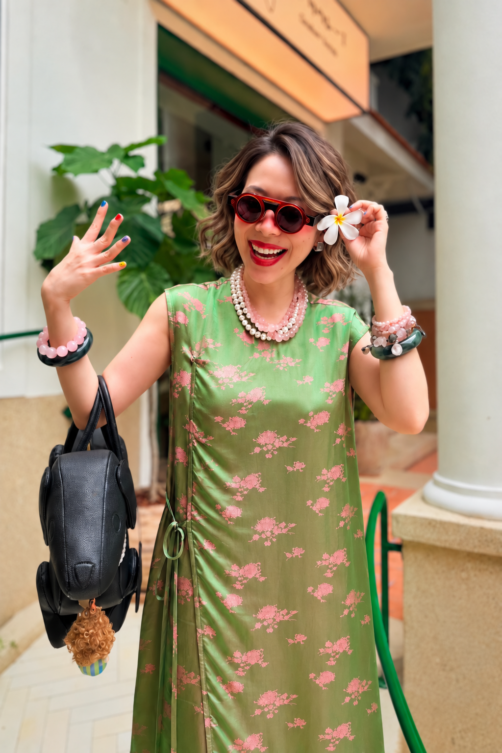 “Jade Reverie” Draped Dress  – Satin Wormsilk Satin in Jade & Blush
