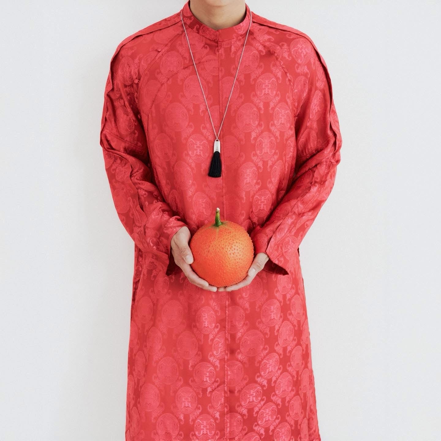Gac Men’s Áo Dài Set - Tencel Silk in Loc Tho pattern with raw-silk pants - front view by Lalin