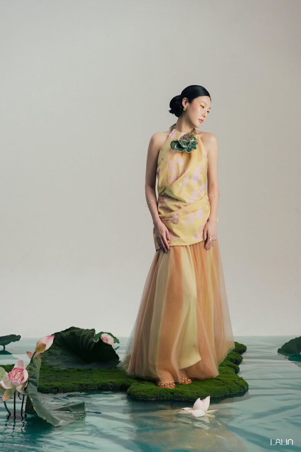 “Lien Kim” Halter-neck top – Soft Brocade Silk in Marigold