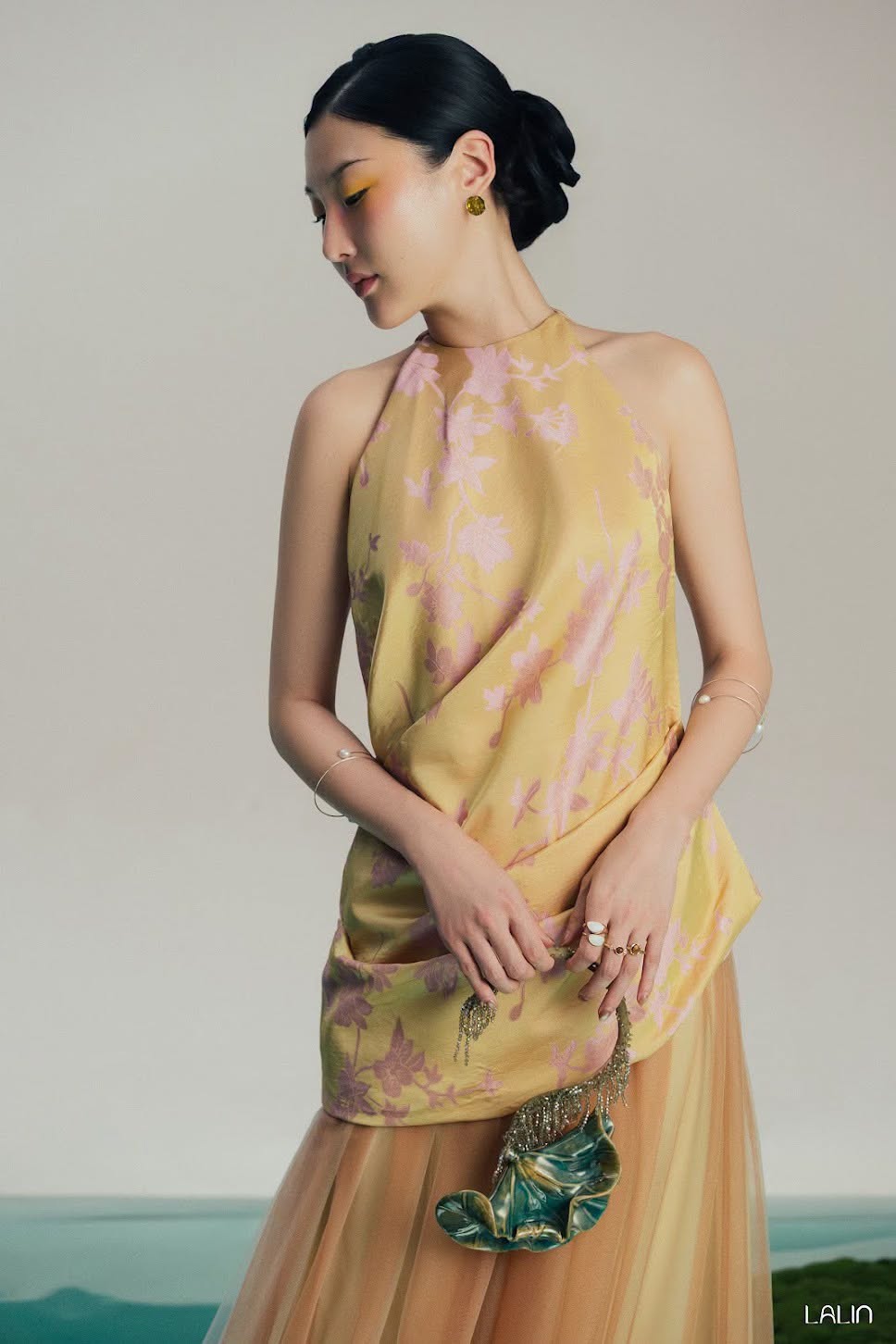 “Lien Kim” Halter-neck top – Soft Brocade Silk in Marigold
