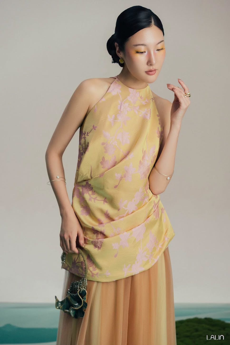 “Lien Kim” Halter-neck top – Soft Brocade Silk in Marigold