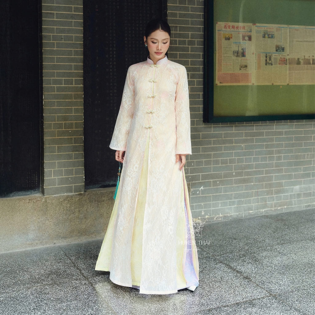 Giai Ky Cardigan – Embroidered Lace in Light Purple - front view by Huyen Thai Collection