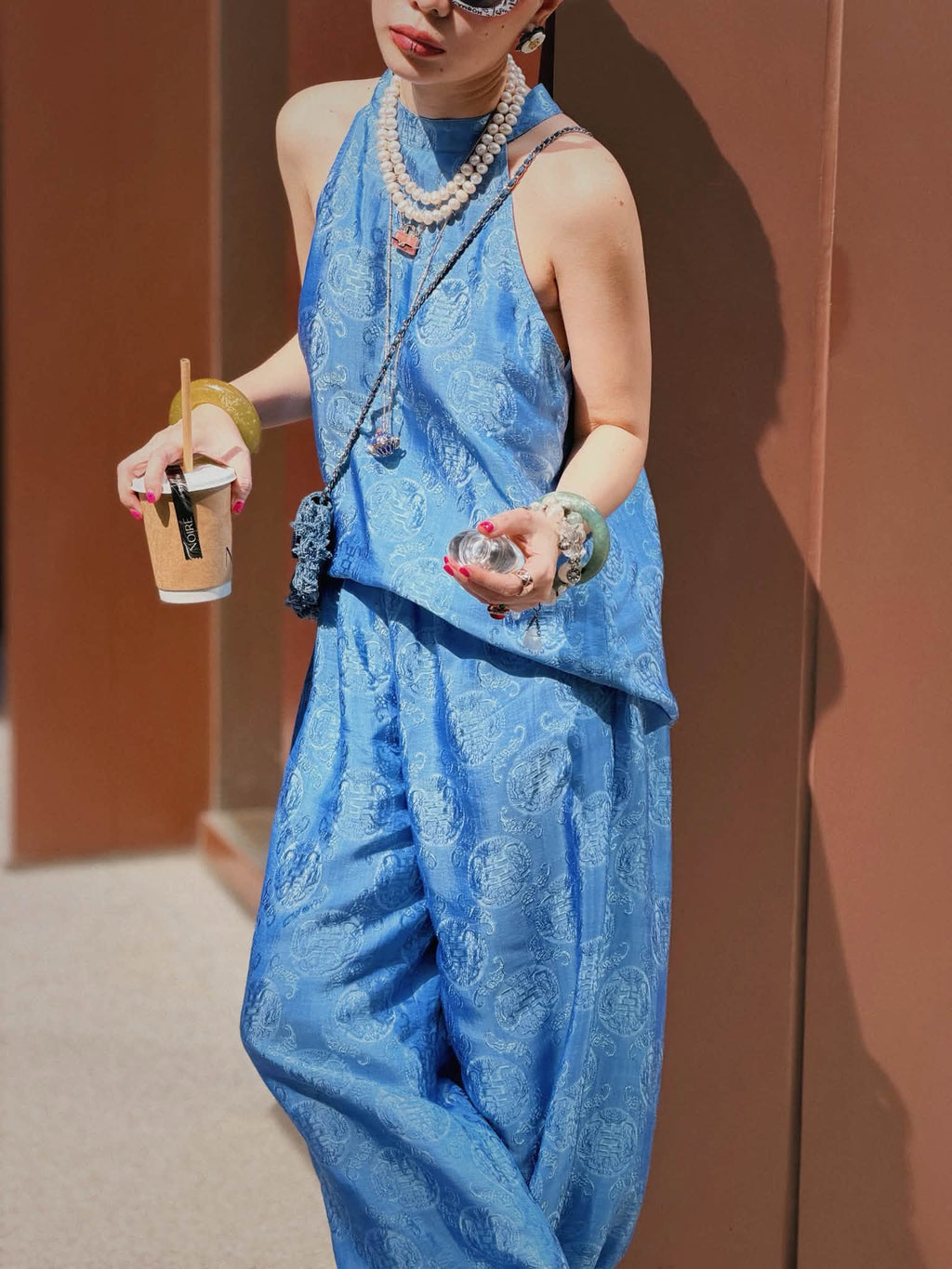 “Azure Ease” Set – Wormsilk Halter Top & Balloon Trouser Set in Celestial Blue