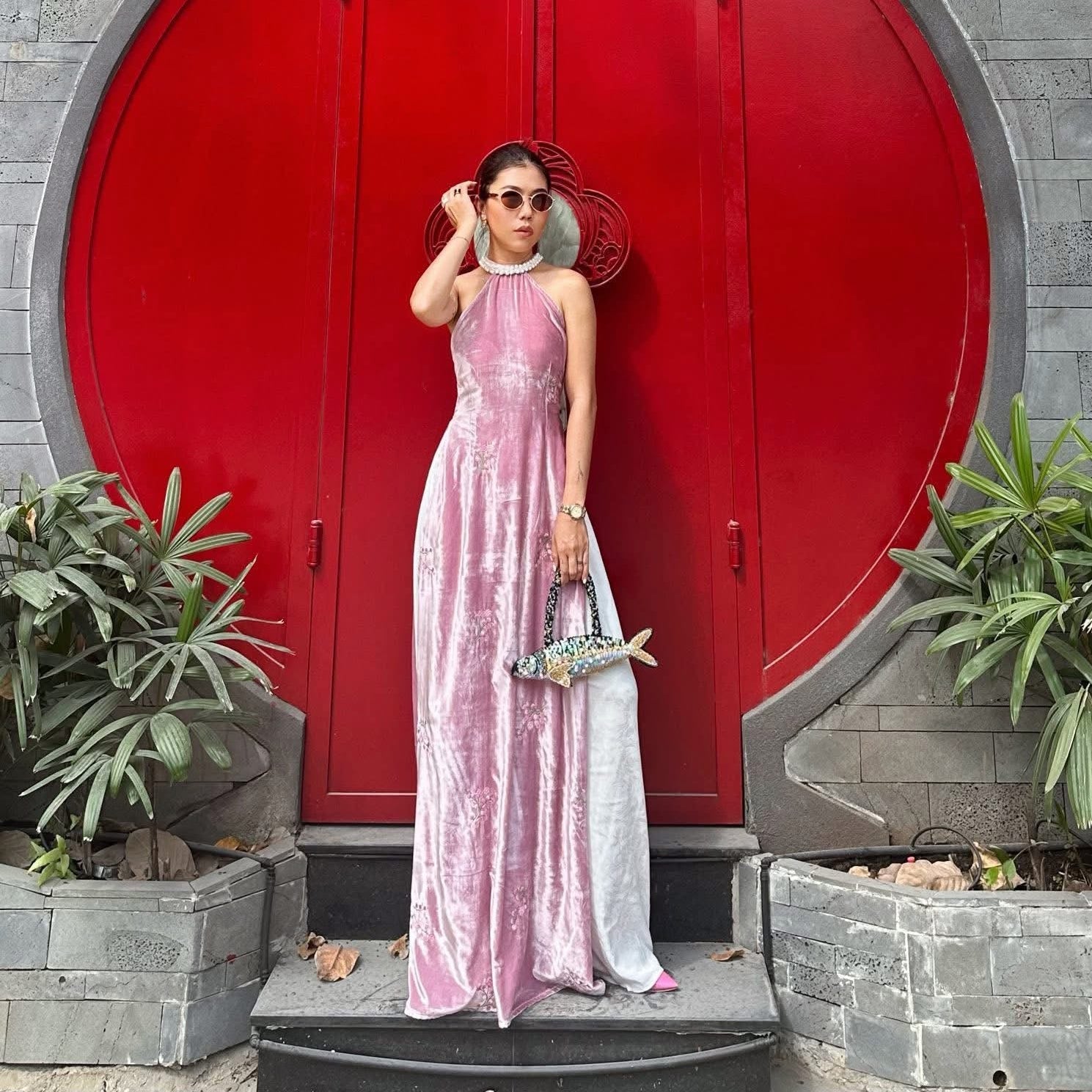 Moon Blush Ao Dài Set - Halter Neck with pearl embellishments and embroidery - front view by Saang