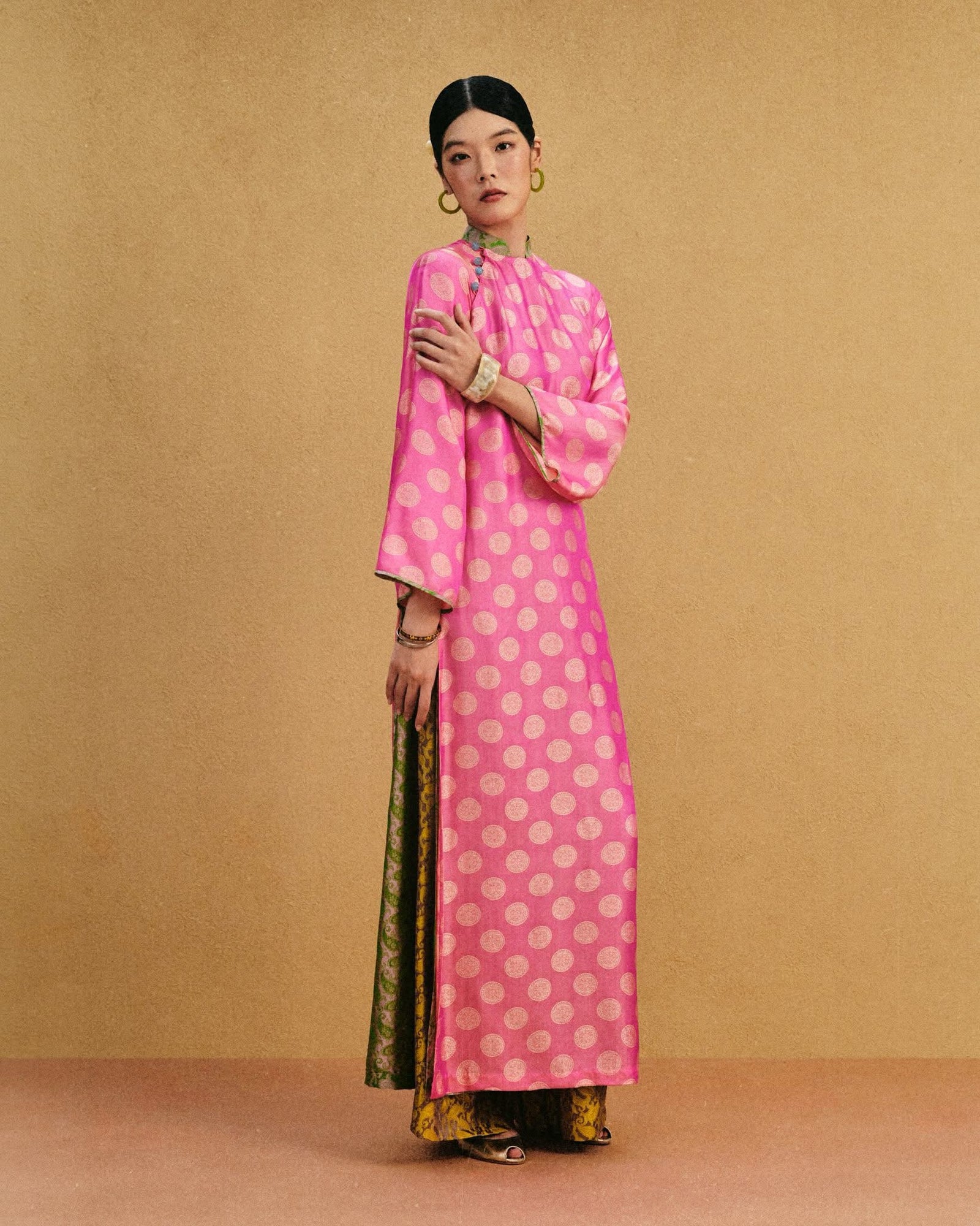 Vietnamese Ao Dai - Petal Drift Ao-dai Set - Double-Layer Áo Dài in Premium Silk - side profile in pink by Lo Boutique