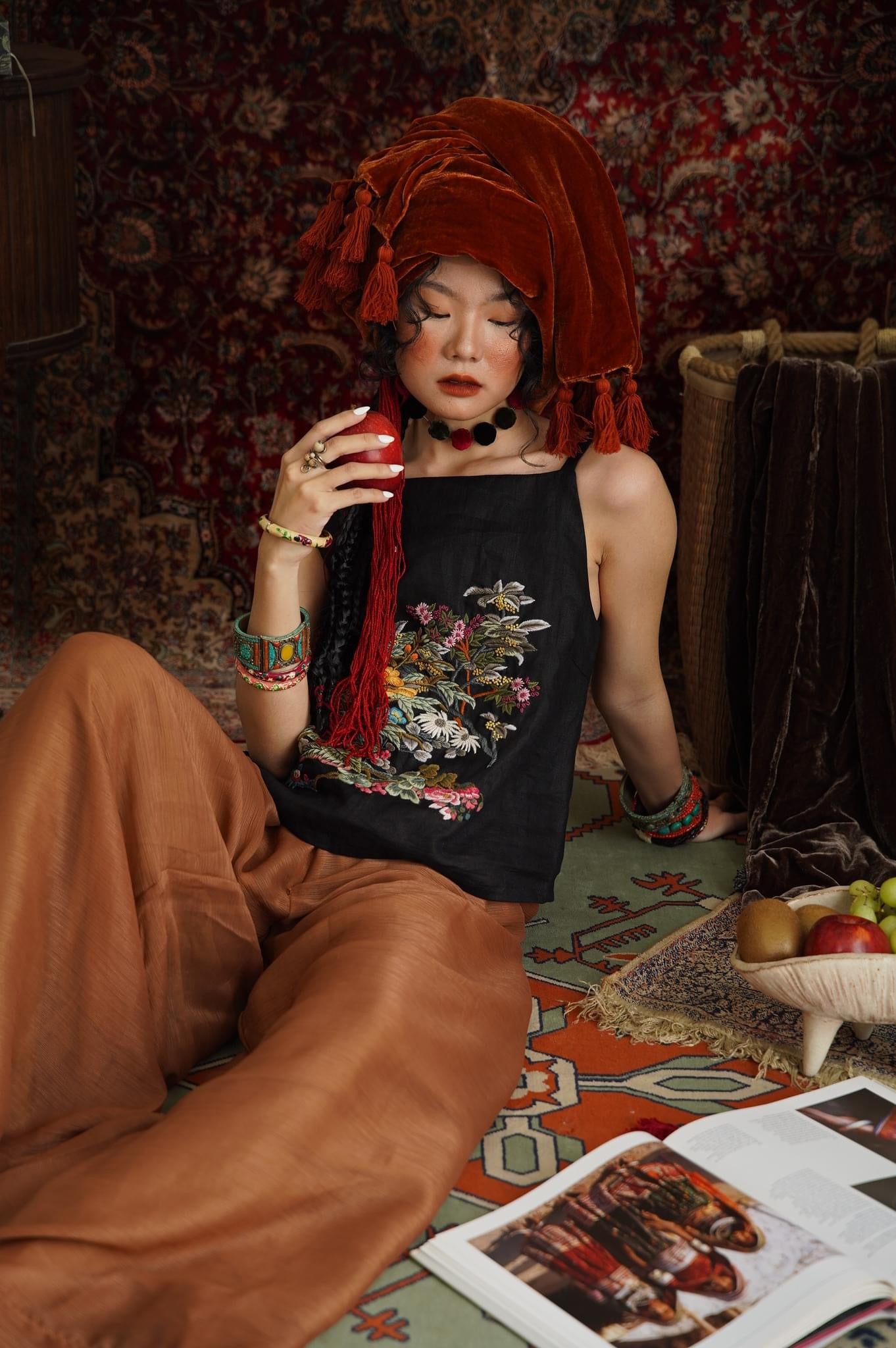 "Mai - Embroidered Linen Tank Top in black by Huulala, featuring floral patterns, ethnic style"