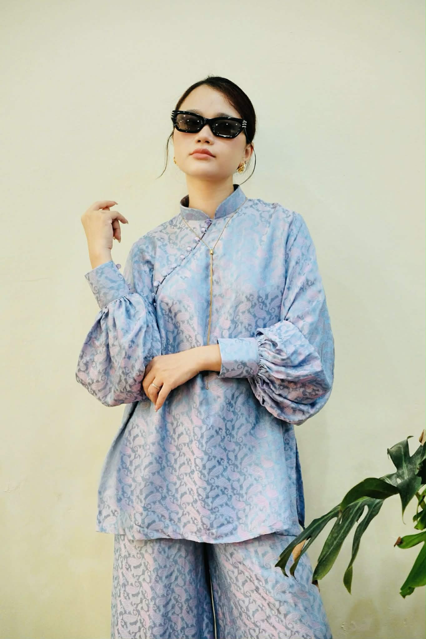 KY Ao-Ngan (Shorter version of Ao-dai) with Balloon Sleeve - Wormsilk - front view by Huyen Thai Collection