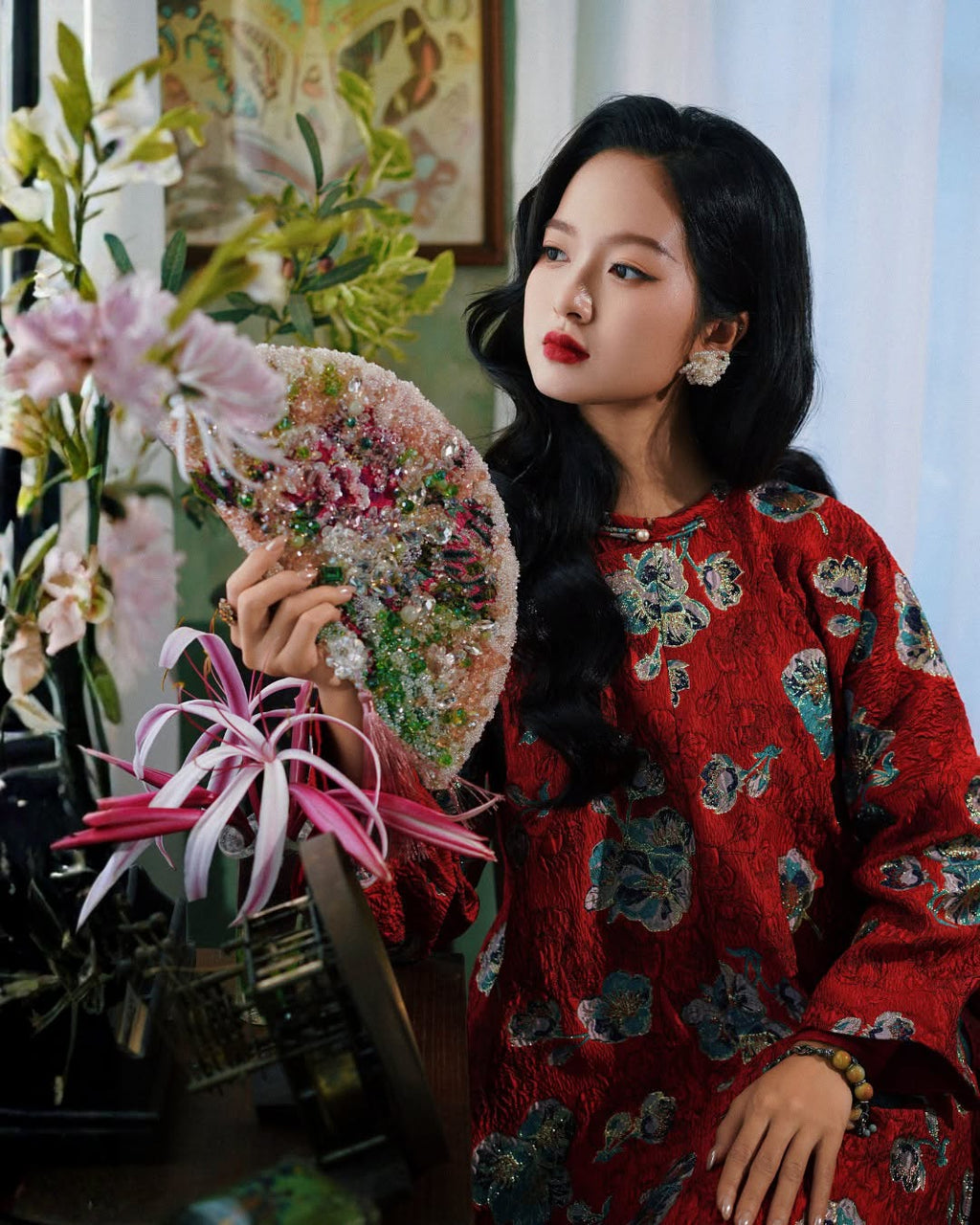 “Mẫu Đơn Lục Bảo” Ao-dai Set – 5-panel in Crimson Red & Emerald Green Brocade