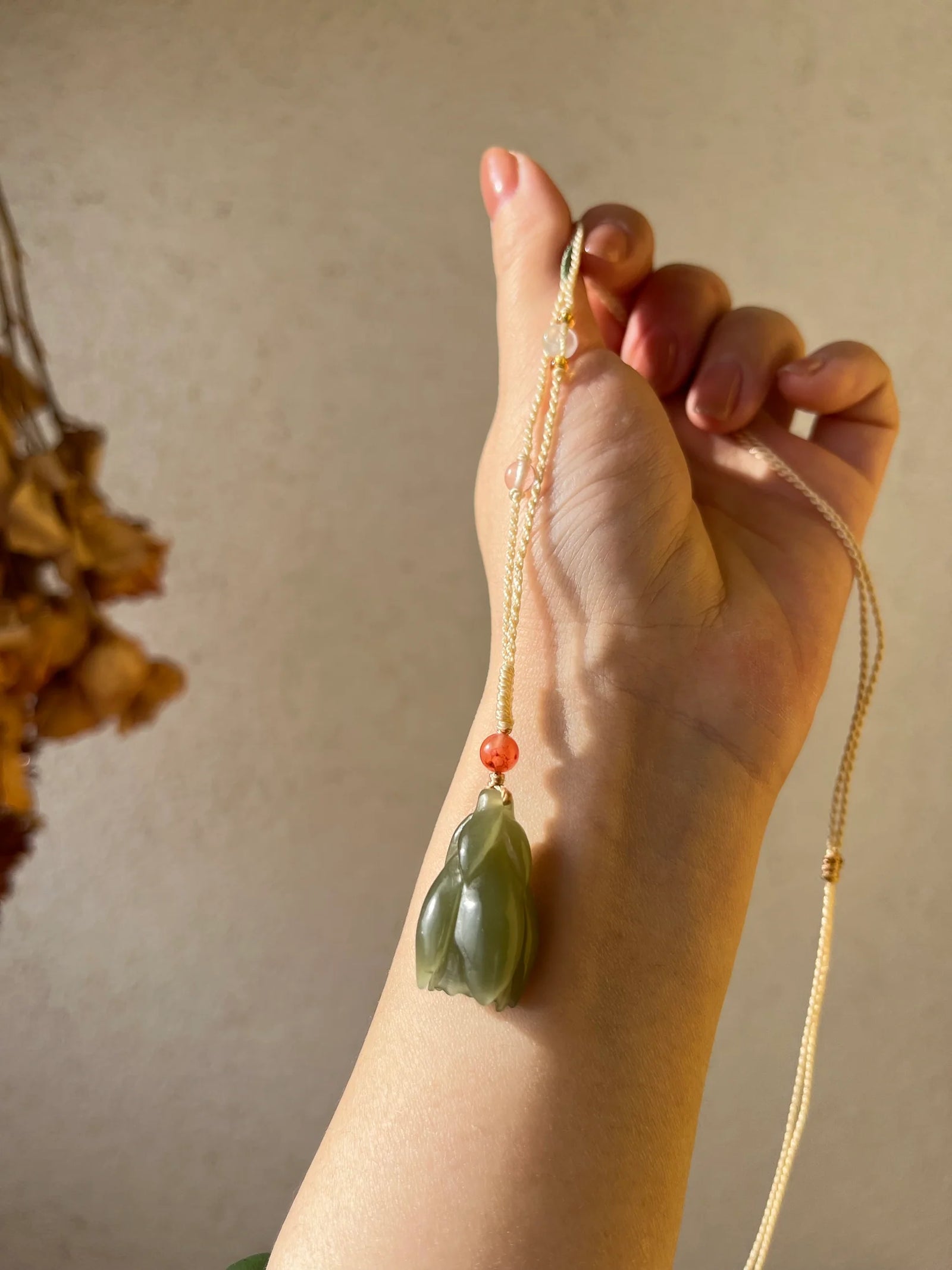 “Magnolia Dawn” - Hand Carved Light Green Hetian Jade Magnolia Pendant，手雕和田青黄口玉兰花