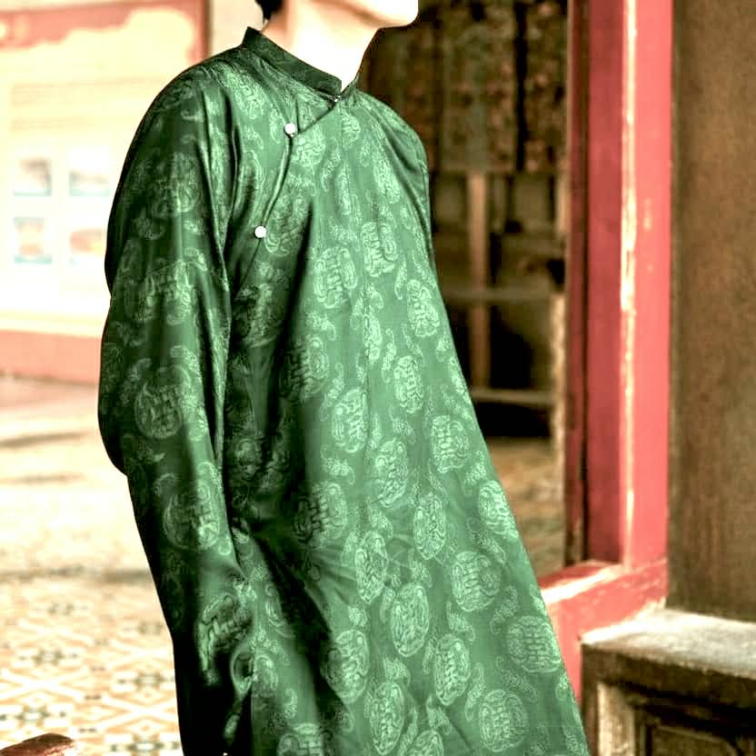 Vietnamese Ao Dai - Loc Tho Ao Dai for Men - Wormsilk - side profile in brocade in green by Moc - Men