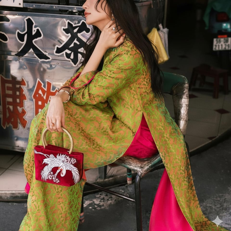 Hạc Vân - Embroidered Velvet Handbag with Hand-cast Brass Handle - styled presentation by Tho
