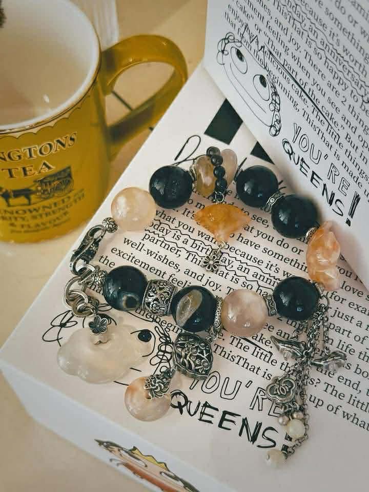 Hỷ Minh” – Designer's Natural Marble Bracelet in Midnight and Apricot - flat lay display by HI de Maison