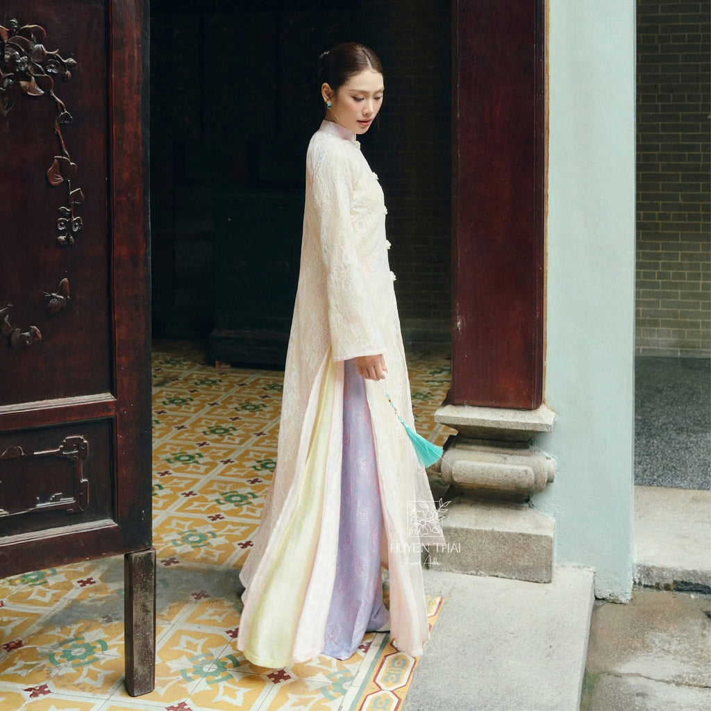  Giai Ky Cardigan – Embroidered Lace in Light Purple - side profile by Huyen Thai Collection