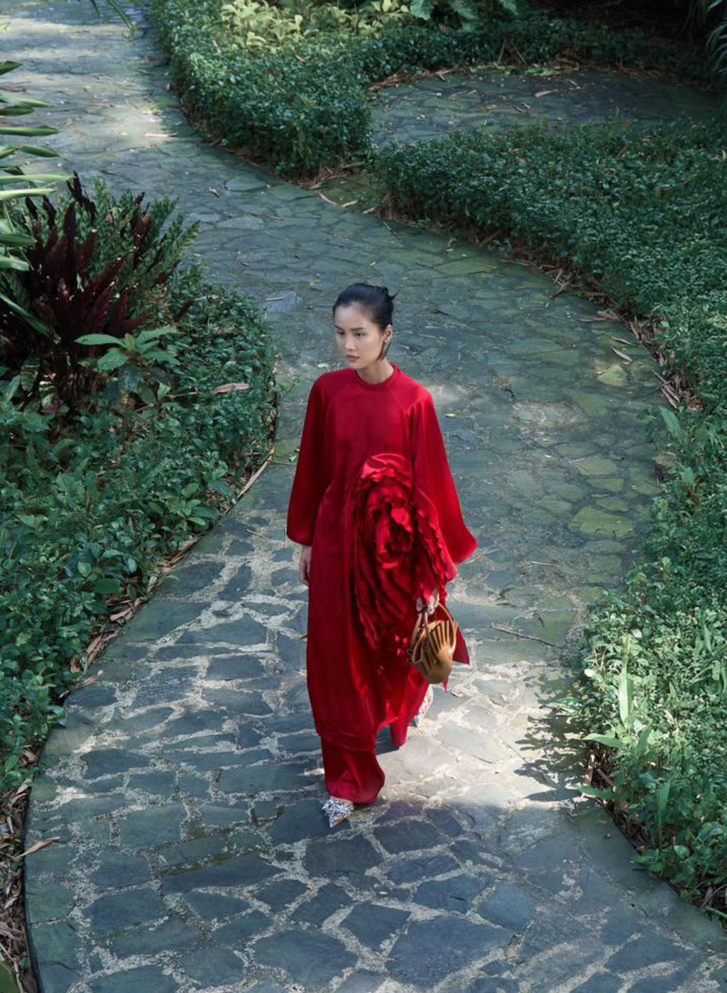 "Crimson Bloom" red silk Ao Dai set by Das Levine, modern floral pattern, traditional Vietnamese dress.
