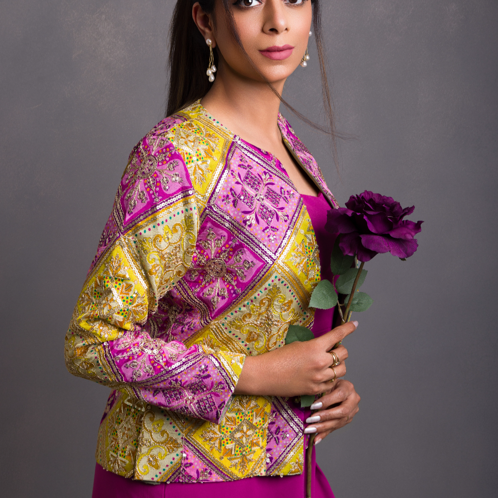 Surya - Heritage Geometric Silk Jacket in Golden Fuchsia - side profile by Indian Heritage