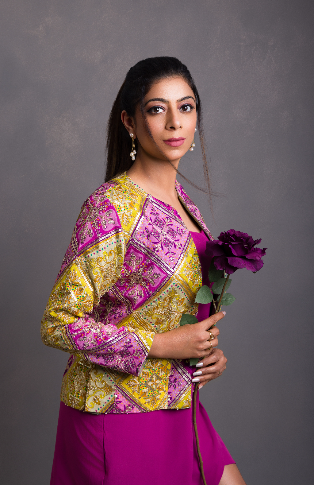 Vietnamese Embroidery - Surya - Heritage Geometric Silk Jacket in Golden Fuchsia - side profile in pink by Indian Heritage