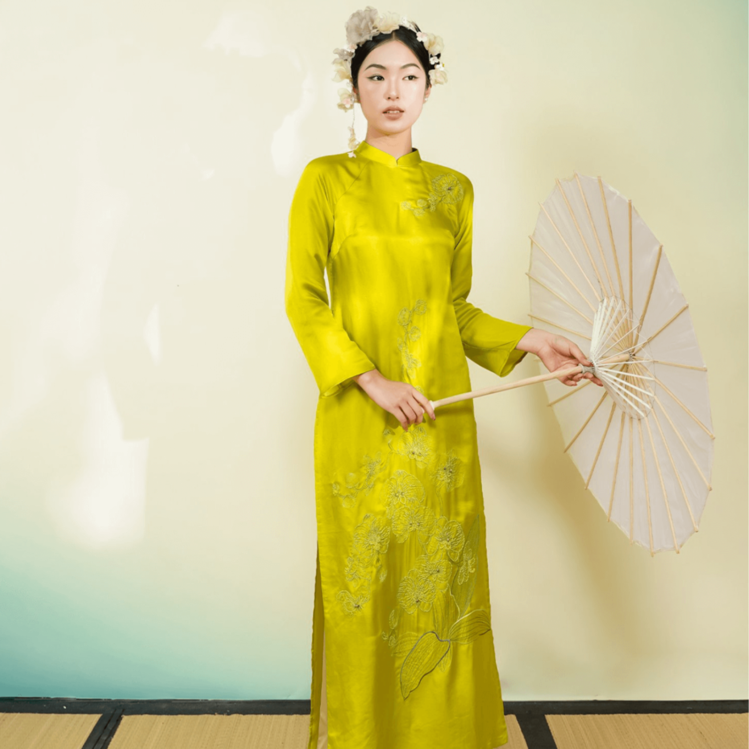 "Uyen Lan Embellished Ao Dai Set in Neon Green Silk with Floral Pattern, Traditional Vietnamese Dress by Lalin"