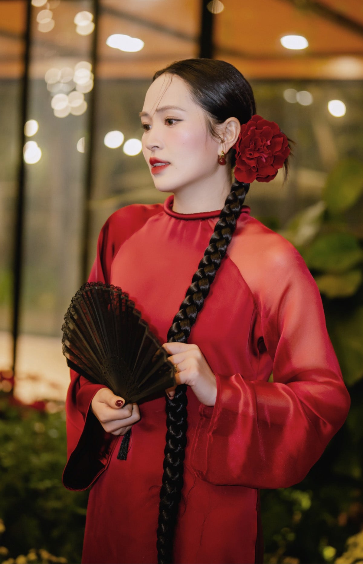 "Tinh Hop Asymmetric Ao Dai Set in crimson silk and organza, traditional Vietnamese dress by UoM."