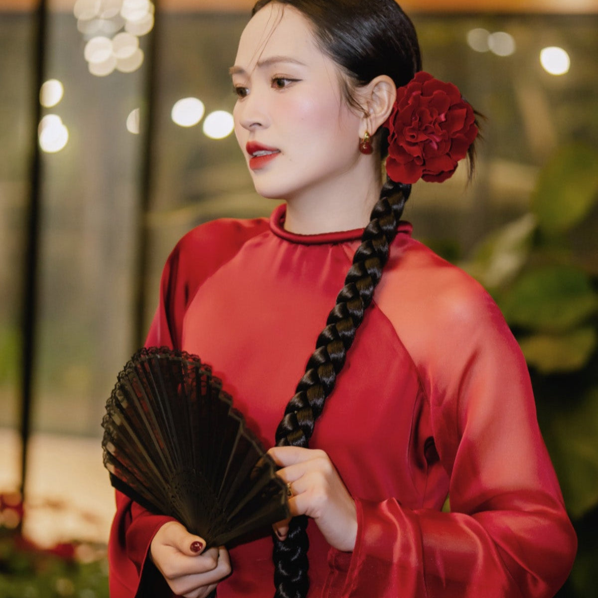 "Tinh Hop Asymmetric Ao Dai Set in crimson silk and organza, traditional Vietnamese dress by UoM."