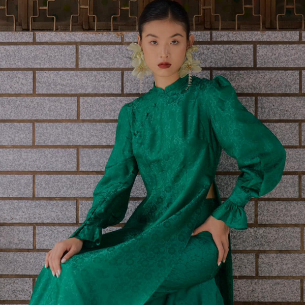 Tang Bong Ao Dai Set - Premium Wormsilk in Green with Puff Sleeve - front view by SY Design