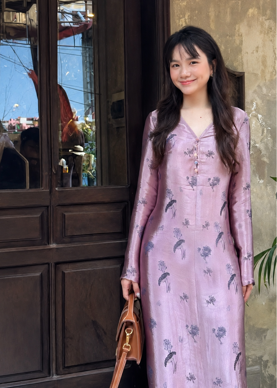 “Tu Nghi” – Reversed Wormsilk Satin Dress in Custom Mauve