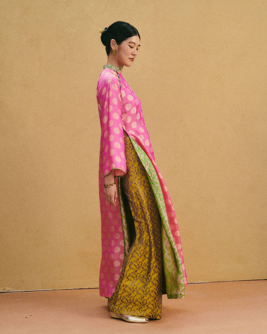 [Pre-order Only] Petal Drift Ao-dai Set - Double-Layer Áo Dài in Premium Silk - side profile by Lo Boutique