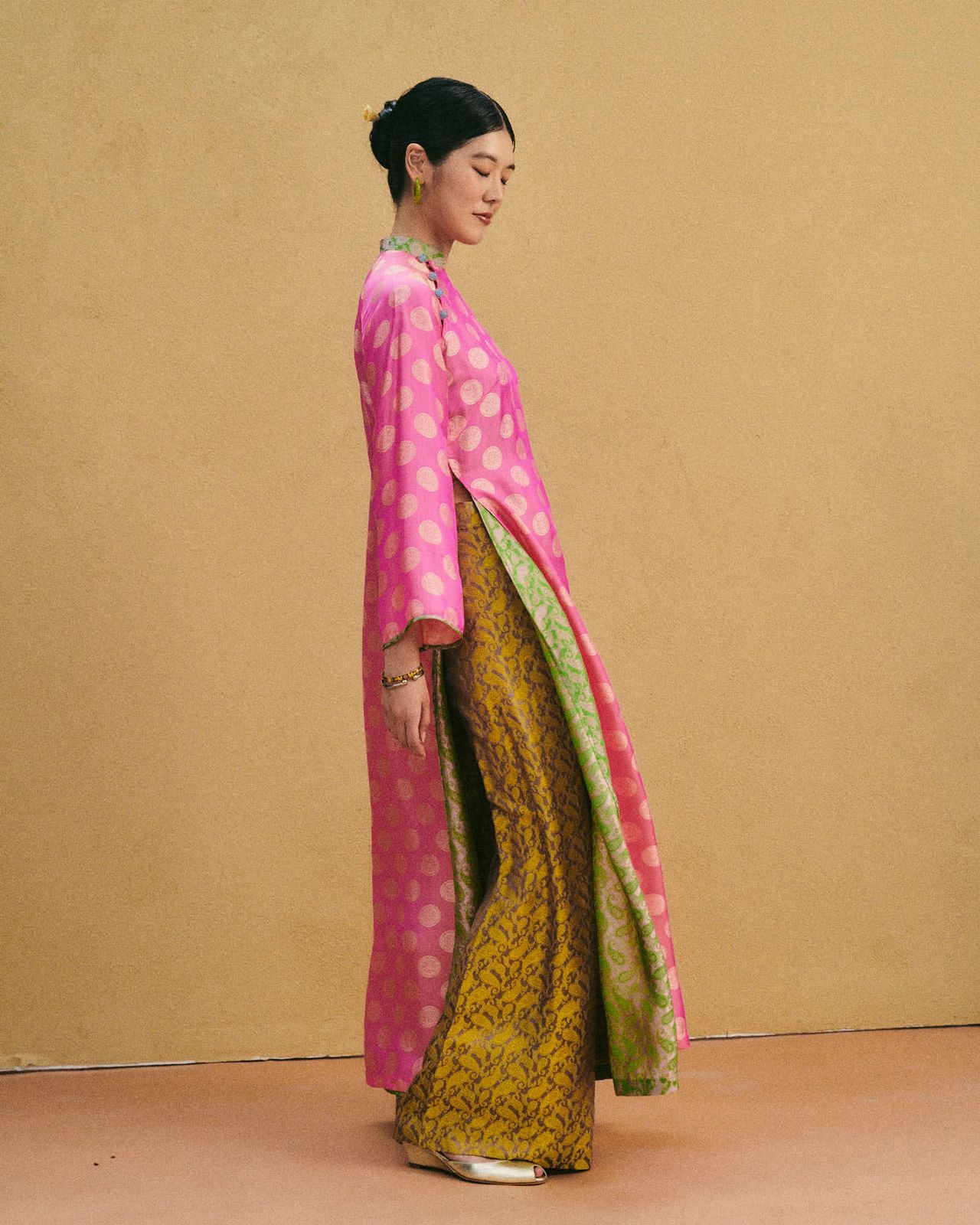 [Pre-order Only] Petal Drift Ao-dai Set - Double-Layer Áo Dài in Premium Silk - side profile by Lo Boutique